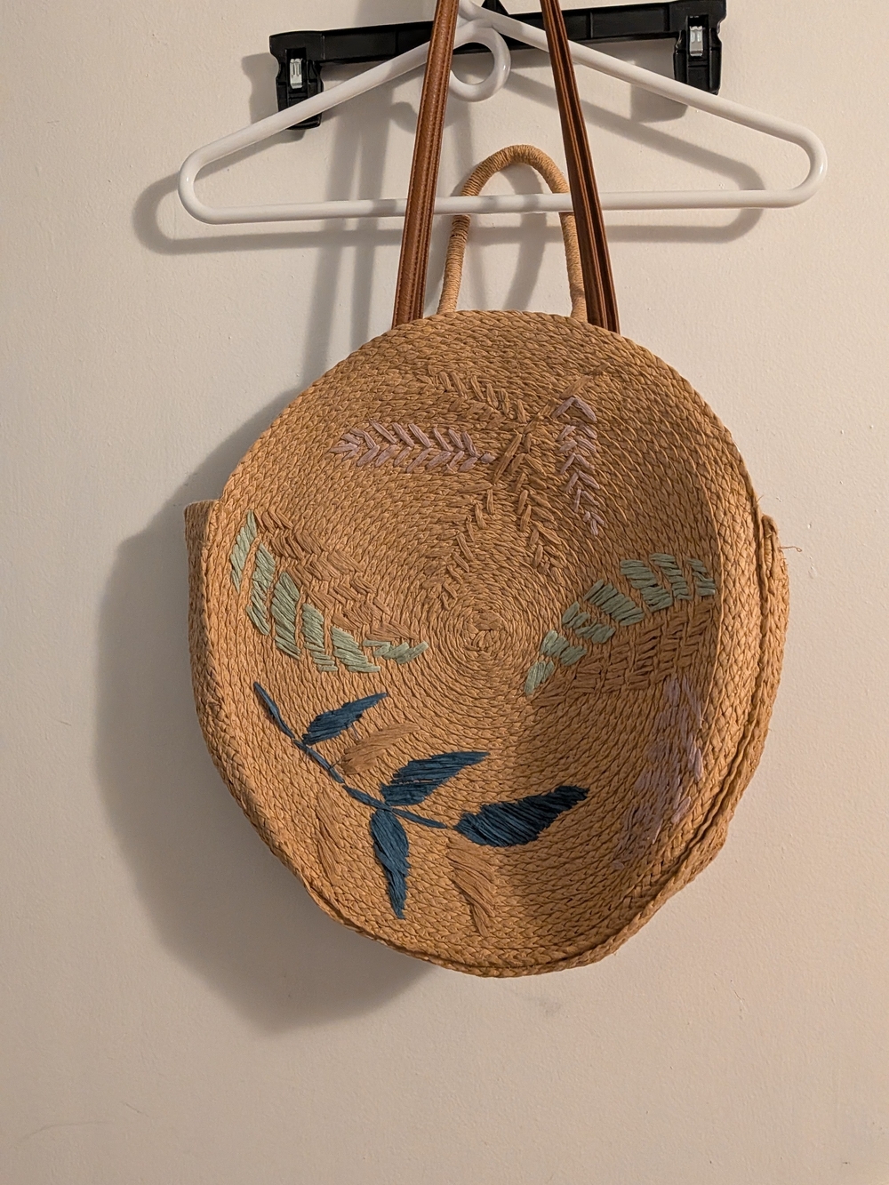 Handwoven Straw Tote with Blue & Mint Embroidery